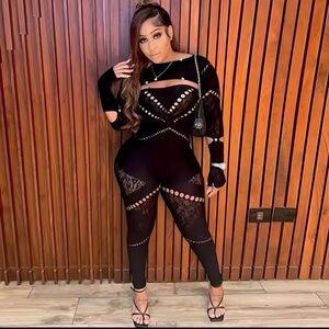 Long Sleeve Sexy Mesh Hollow Out Women’s Jumpsuits Club Party Rompers One Piece